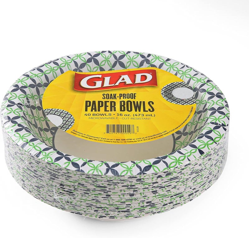 Glad Round Disposable Paper Bowls with Blue and Green Happy Daisies Design | Soak Proof, Cut-Resistant, Microwaveable Heavy Duty Disposable Bowls | 16 oz, 40 Count Cute Design Floral Paper Bowls - Image 3