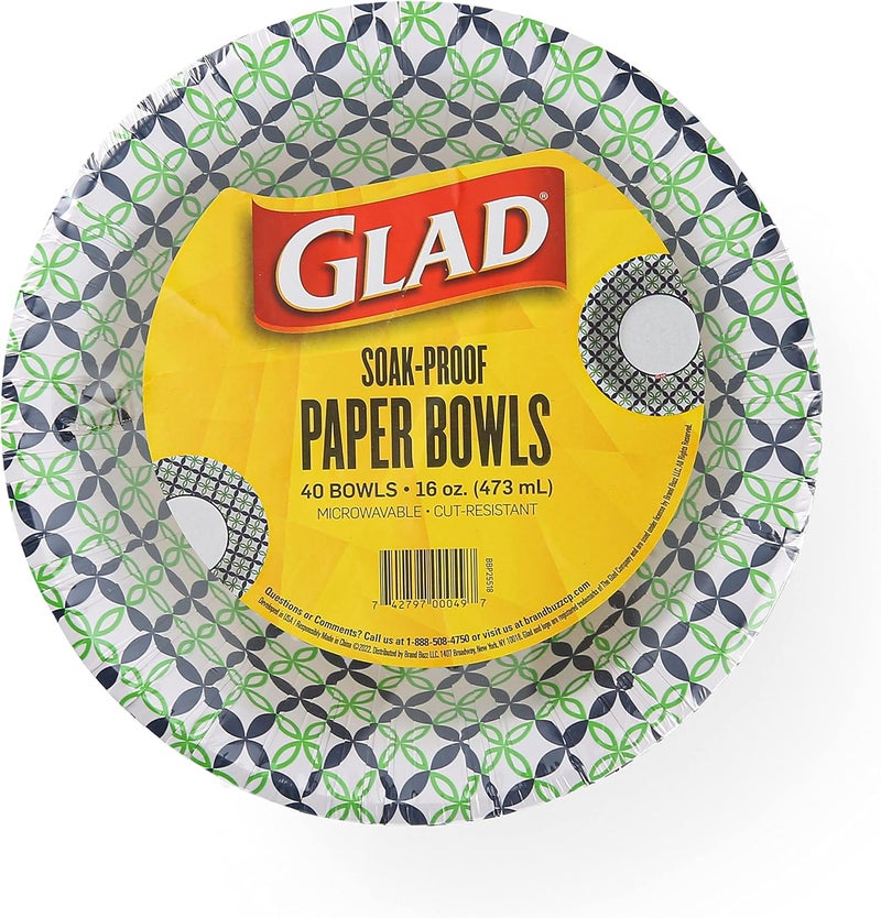 Glad Round Disposable Paper Bowls with Blue and Green Happy Daisies Design | Soak Proof, Cut-Resistant, Microwaveable Heavy Duty Disposable Bowls | 16 oz, 40 Count Cute Design Floral Paper Bowls - Image 1