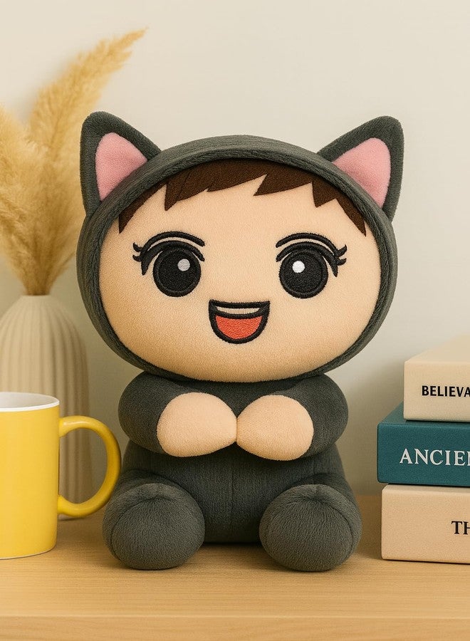 Saro Cute Plush Cat Stuffed Animal Toy, Grey and Pink, Large Eyes DesignKawaii Anime Style | Plush Cat Doll, Grey with Pink Ears, Soft Stuffed Animal Toy - Image 1