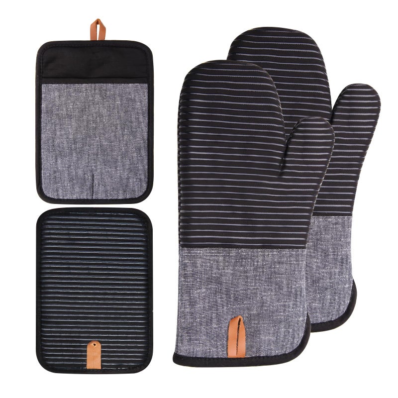 4PCS TIPTAP Oven Mitts Kitchen Oven Mitts Set Non Slip Cotton Oven Mitt and Pot HoldersHeat Resistant Machine Washable2 Long Mit and 2 Pot HolderBlack