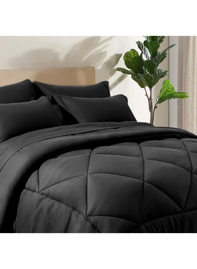 PHF 7 Piece King Bed-in-a-Bag Comforter Set, Ultra Soft Cozy Lightweight Bedding, Set includes Comforter (230 cm x 265 cm), Flat Sheet (275 cm x 260 cm) and Fitted Sheet ( 198 cm x 203 cm) with a 40 cm Deep Pocket , 4 Pillowcases (2pc 50 cm x 90 cm + 2pc 50 cm x 100 cm), Black - Image 1