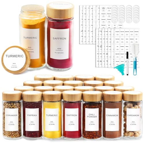 AISIPRIN Glass Spice Jars with 398 Labels-4oz 24 Pcs,Round Seasoning Jars with Bamboo Airtight Lids,Spice Container Set -Shaker Lids, Funnel,Brush and Marker Included - Image 1