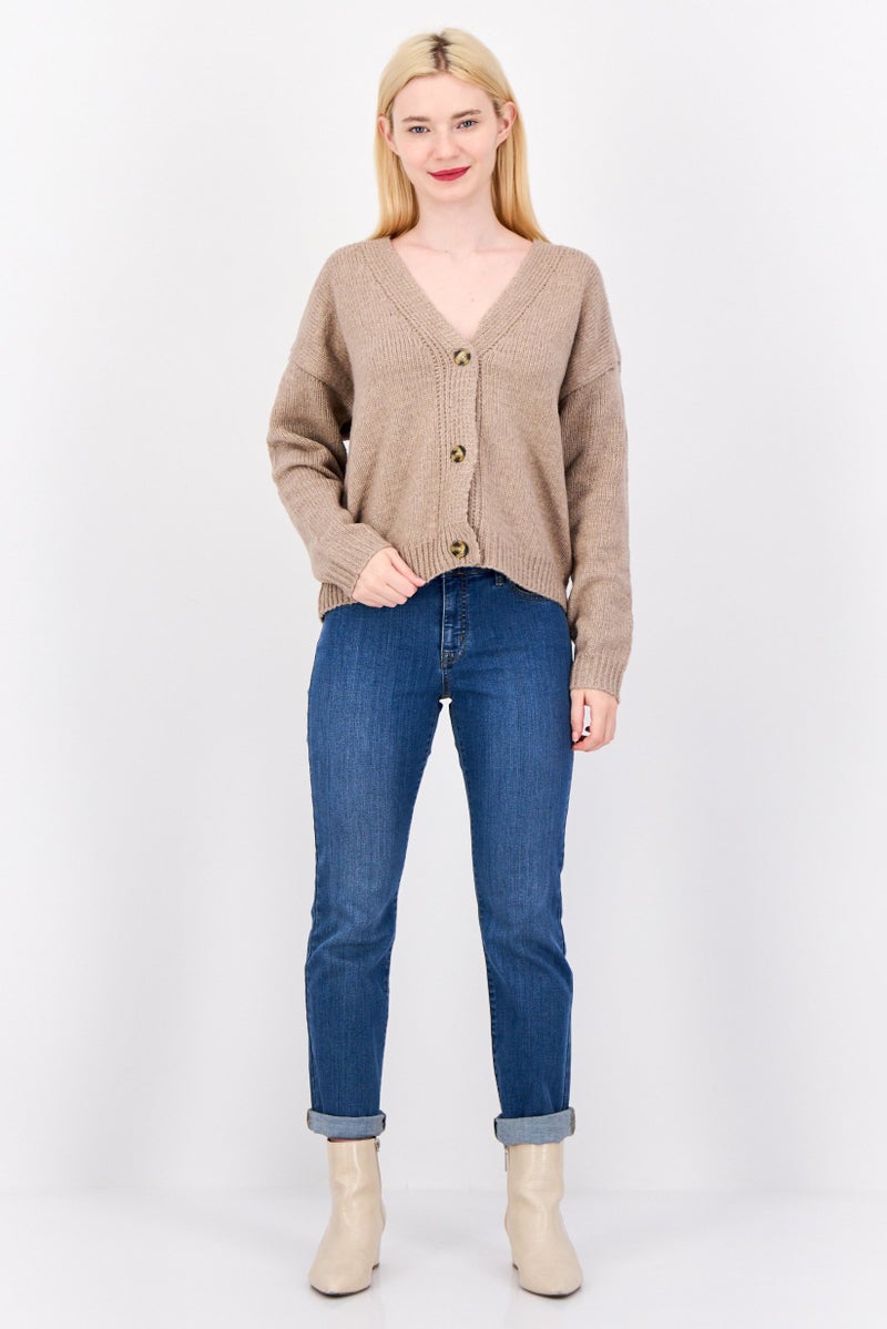 Pink Rose Women V Neck Knitted Cardigan, Rustic Mocha  - Image 3