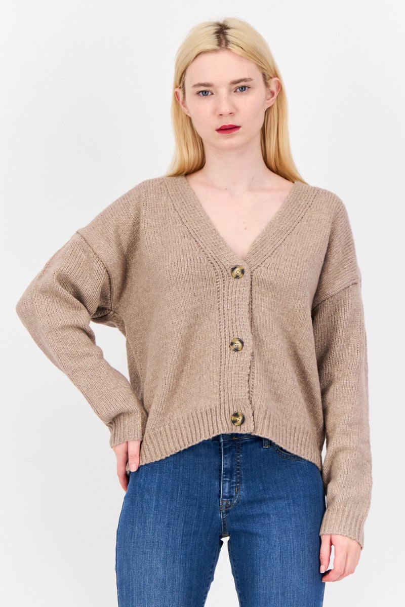 Pink Rose Women V Neck Knitted Cardigan, Rustic Mocha  - Image 1