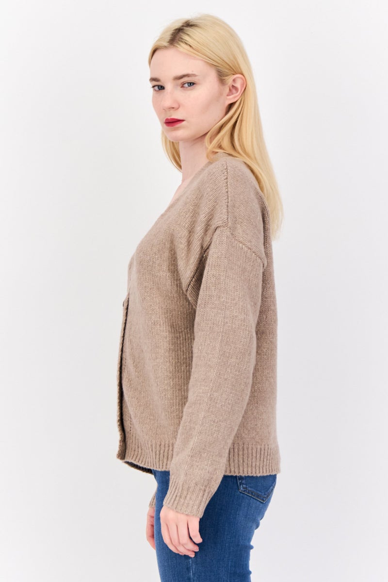 Pink Rose Women V Neck Knitted Cardigan, Rustic Mocha  - Image 2