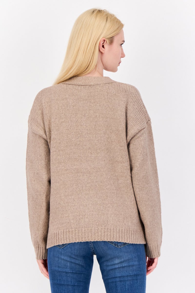 Pink Rose Women V Neck Knitted Cardigan, Rustic Mocha  - Image 4