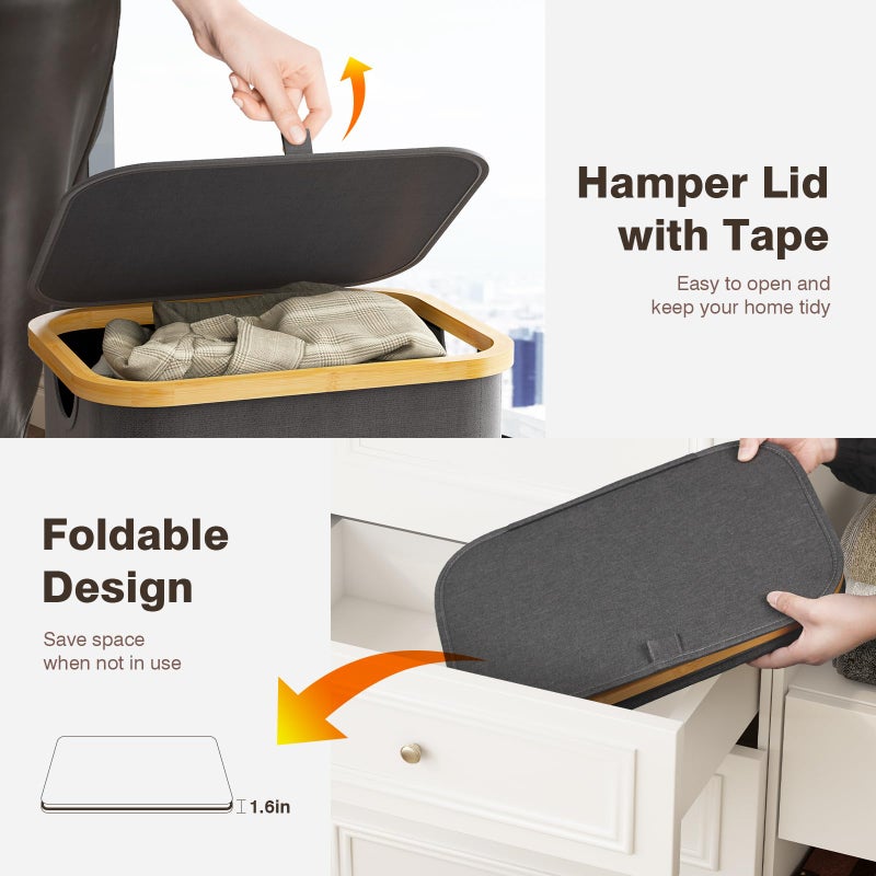 Bathola 100L Laundry Hamper with Lid, Large Laundry Basket with Bamboo Handles, Clothes Hampers for Laundry with Removable Bag, Dirty Clothes Hampers for Bedroom Aesthetic, Grey - Image 4