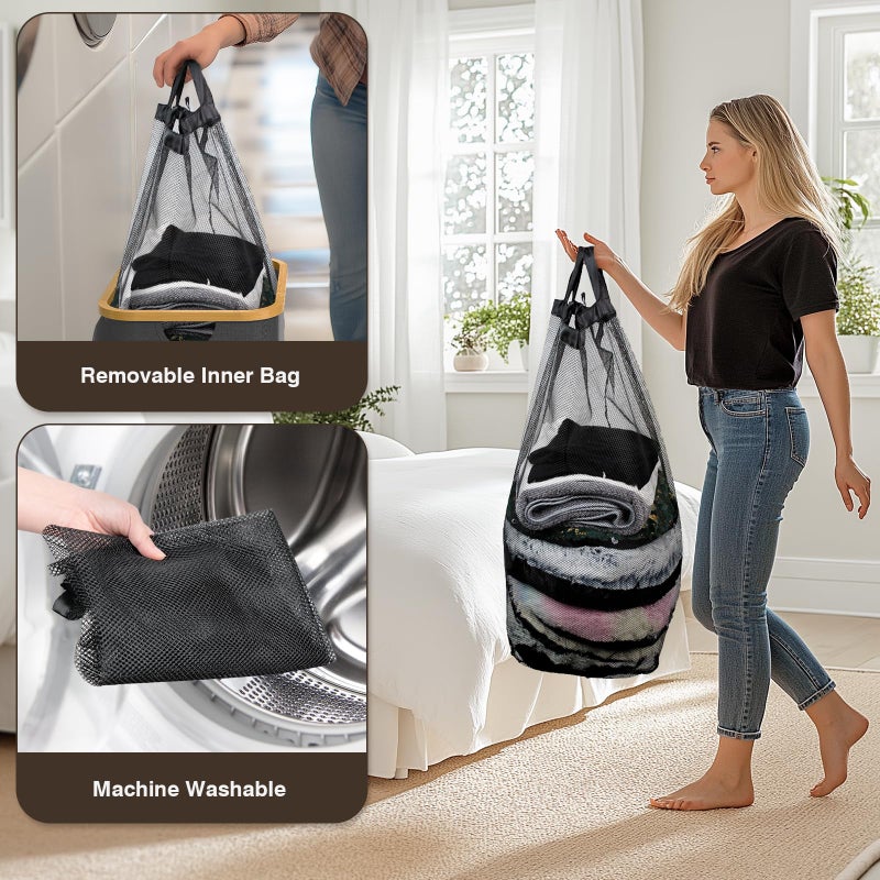 Bathola 100L Laundry Hamper with Lid, Large Laundry Basket with Bamboo Handles, Clothes Hampers for Laundry with Removable Bag, Dirty Clothes Hampers for Bedroom Aesthetic, Grey - Image 5