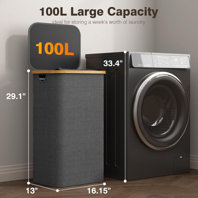 Bathola 100L Laundry Hamper with Lid, Large Laundry Basket with Bamboo Handles, Clothes Hampers for Laundry with Removable Bag, Dirty Clothes Hampers for Bedroom Aesthetic, Grey - Image 2