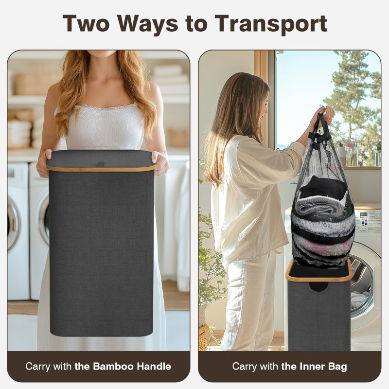 Bathola 100L Laundry Hamper with Lid, Large Laundry Basket with Bamboo Handles, Clothes Hampers for Laundry with Removable Bag, Dirty Clothes Hampers for Bedroom Aesthetic, Grey - Image 3