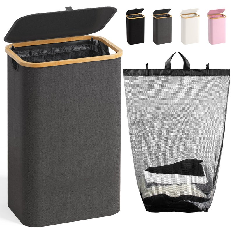 Bathola 100L Laundry Hamper with Lid, Large Laundry Basket with Bamboo Handles, Clothes Hampers for Laundry with Removable Bag, Dirty Clothes Hampers for Bedroom Aesthetic, Grey - Image 1
