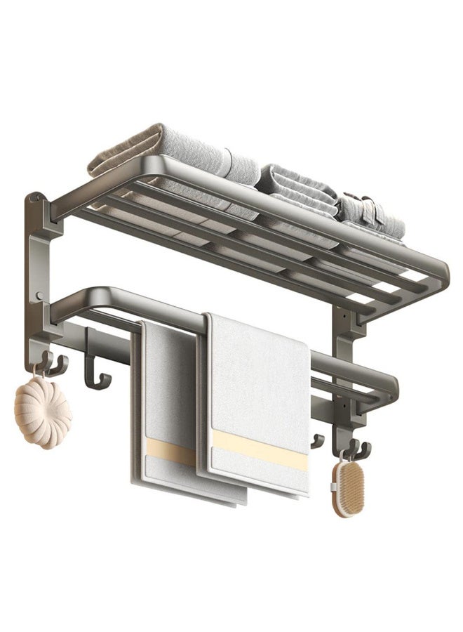 زيريفام رف مناشف حمام، حامل مناشف أسود غير لامع للحمام، بطول 60 سم، قابل للطي، مع 7 خطافات وقضيبين، بدون مثقاب أو براغي، للحمام، مثبت على الحائط، المنزل، الفندق - Image 1