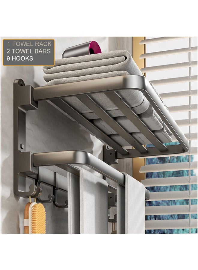 زيريفام رف مناشف حمام، حامل مناشف أسود غير لامع للحمام، بطول 60 سم، قابل للطي، مع 7 خطافات وقضيبين، بدون مثقاب أو براغي، للحمام، مثبت على الحائط، المنزل، الفندق - Image 2