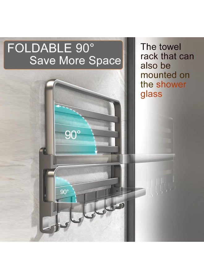 زيريفام رف مناشف حمام، حامل مناشف أسود غير لامع للحمام، بطول 60 سم، قابل للطي، مع 7 خطافات وقضيبين، بدون مثقاب أو براغي، للحمام، مثبت على الحائط، المنزل، الفندق - Image 4