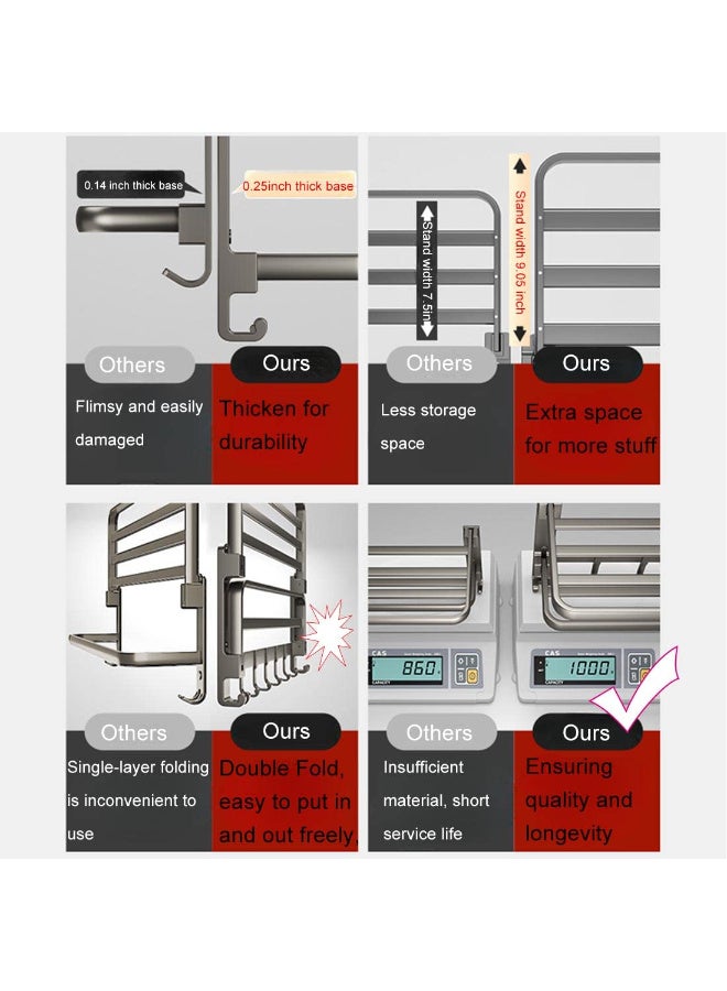 زيريفام رف مناشف حمام، حامل مناشف أسود غير لامع للحمام، بطول 60 سم، قابل للطي، مع 7 خطافات وقضيبين، بدون مثقاب أو براغي، للحمام، مثبت على الحائط، المنزل، الفندق - Image 5