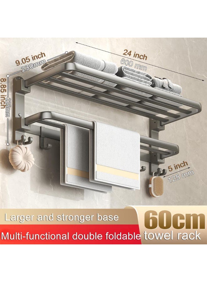 زيريفام رف مناشف حمام، حامل مناشف أسود غير لامع للحمام، بطول 60 سم، قابل للطي، مع 7 خطافات وقضيبين، بدون مثقاب أو براغي، للحمام، مثبت على الحائط، المنزل، الفندق - Image 3