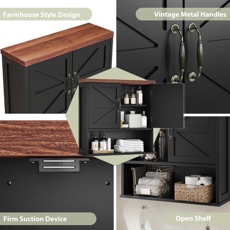 Smuxee Farmhouse Bathroom Cabinet Wall Mounted, Black Medicine Cabinet with Adjustable Shelf, Bathroom Cabinet for Living Room, Laundry Room - Image 4
