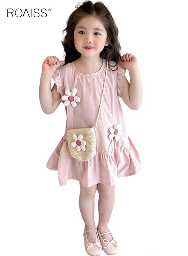 roaiss Girl Summer Floral Dress with Mini Bag, Stylish Casual Dress, Ruffle Sleeve Dress, Suit for Beach, Travel, Wedding or Any Occasion - Image 1