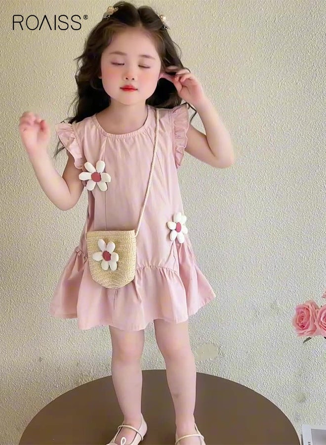 roaiss Girl Summer Floral Dress with Mini Bag, Stylish Casual Dress, Ruffle Sleeve Dress, Suit for Beach, Travel, Wedding or Any Occasion - Image 2
