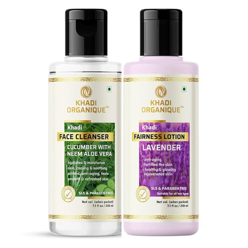 Khadi ORGANIQUE Khadi Organique Complete Skincare Set Cucumber Neem Aloe Vera Cleanser Lavender Fairness Lotion for Radiant Glow 210 ml each  - Image 1