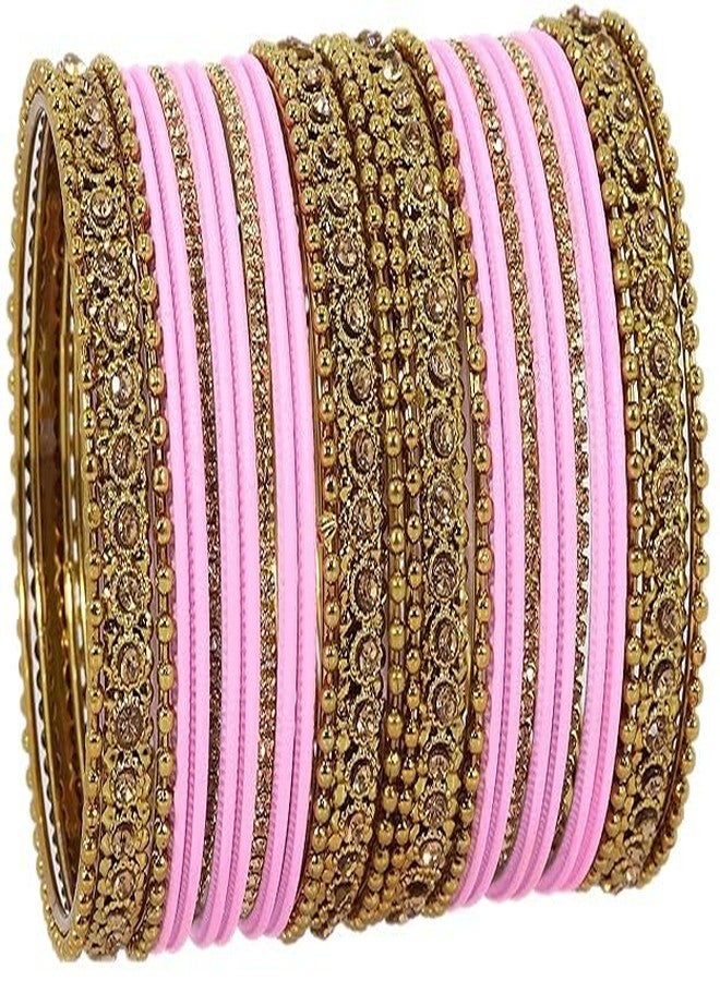 BANGLESKART طقم أساور تقليدية من المعدن مرصع بأحجار الزركون اللامعة للنساء والفتيات، باللون الوردي - Image 1