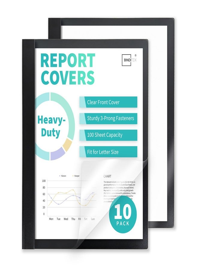 Binditek 10 Pack Heavy-Duty Clear Front Report Covers with 3 Prongs, 100-Sheet Capacity, Plastic Report Folder with Black Back Covers, 3 Metal Prongs Fasteners, for Letter Size, Office Supplies - Image 1