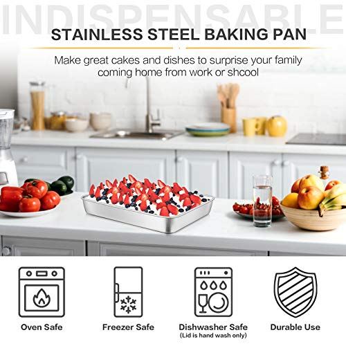 E-far Stainless Steel Baking Pan with Lid, 12⅓ x 9¾ x 2 Inch Rectangle Sheet Cake Pans with Covers Bakeware for Cakes Brownies Casseroles, Non-toxic & Healthy, Heavy Duty & Dishwasher Safe - Set of 2 - Image 4