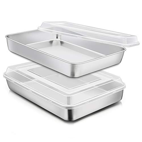 E-far Stainless Steel Baking Pan with Lid, 12⅓ x 9¾ x 2 Inch Rectangle Sheet Cake Pans with Covers Bakeware for Cakes Brownies Casseroles, Non-toxic & Healthy, Heavy Duty & Dishwasher Safe - Set of 2 - Image 1