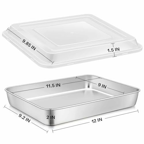 E-far Stainless Steel Baking Pan with Lid, 12⅓ x 9¾ x 2 Inch Rectangle Sheet Cake Pans with Covers Bakeware for Cakes Brownies Casseroles, Non-toxic & Healthy, Heavy Duty & Dishwasher Safe - Set of 2 - Image 2