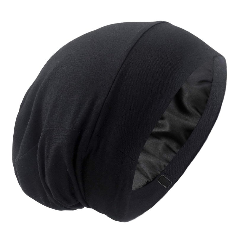 GB Selected Silky Satin Lined Bonnet Sleep Cap - Adjustable Stay on All Night Hair Wrap Cover Slouchy Beanie for Curly Protection Women and Men Solid Black