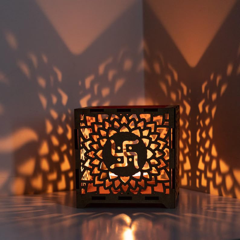 WRH MDF Personlized Wooden Tea Light Shadow BoxDiwali Gift for Positive Vibes and Happiness 