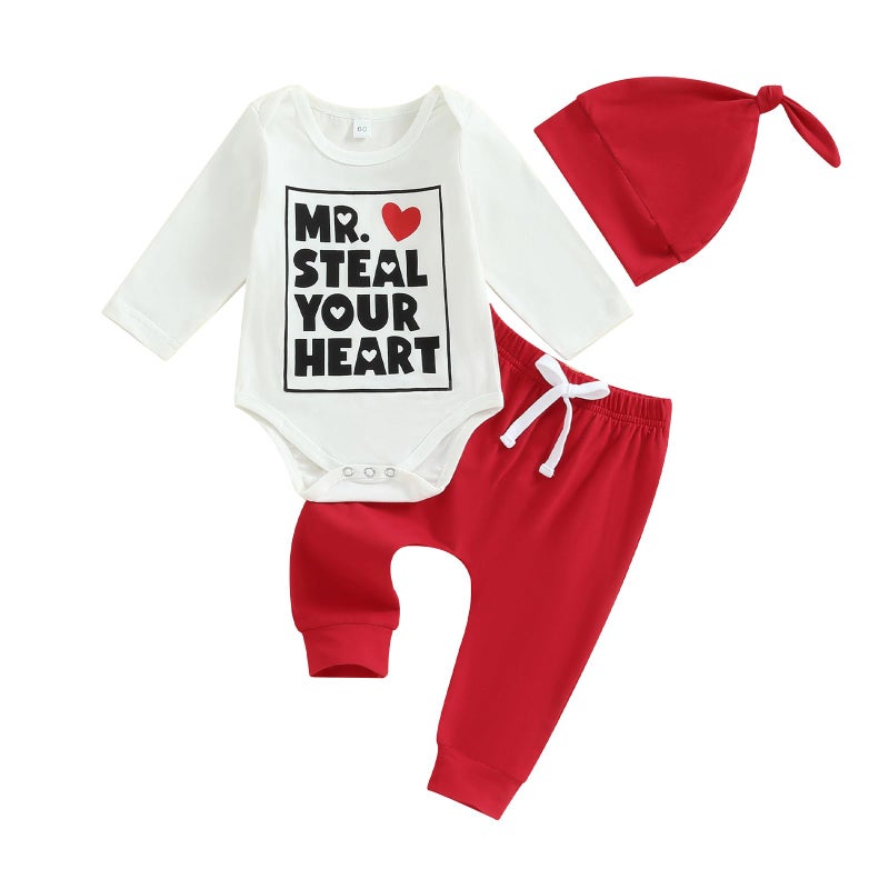 Gureui My First Valentines Day Baby Boy Outfit Long Sleeve Heart Print Romper Onesie Pants Toddler Infant Newborn Clothes (A Red Mr Steal Your Heart, 0-3 Months) - Image 1