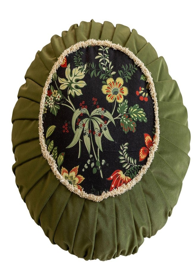 vctops Round Throw Pillow with Zipper Vintage Spring Floral Pillow Cushion Soft Velvet Pleated Throw Pillows for Couch Chair Bed Car (Green,18") - Image 1