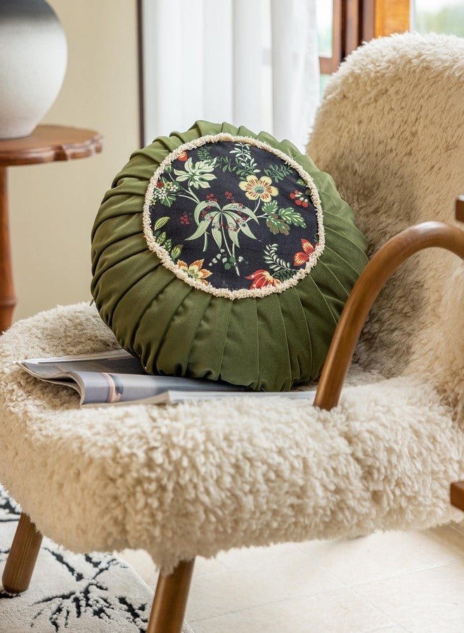 vctops Round Throw Pillow with Zipper Vintage Spring Floral Pillow Cushion Soft Velvet Pleated Throw Pillows for Couch Chair Bed Car (Green,18") - Image 2