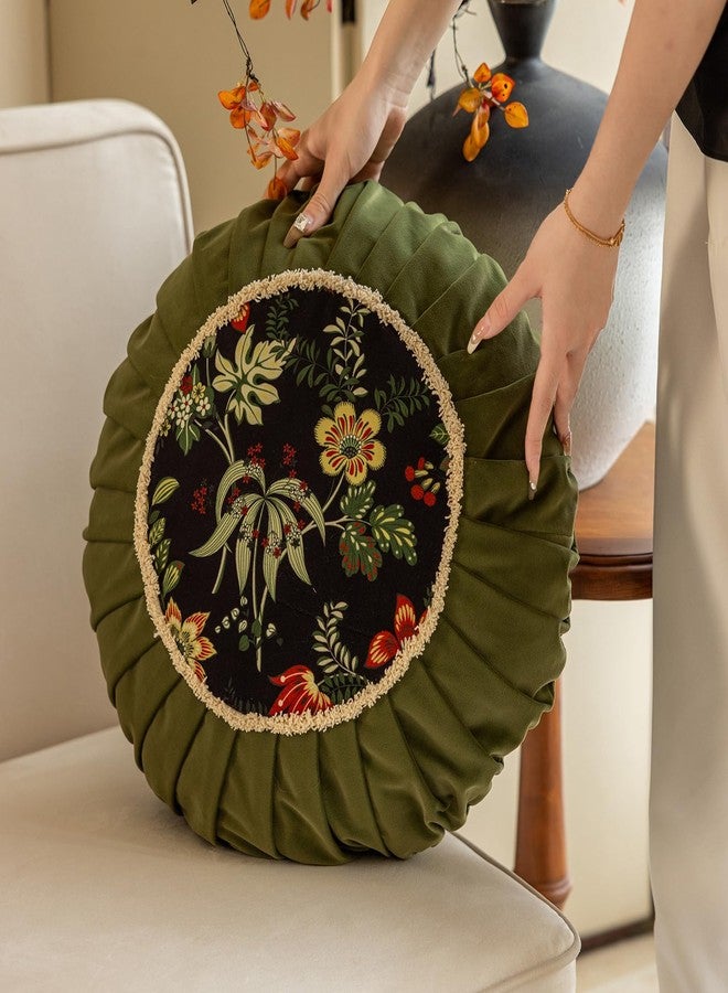vctops Round Throw Pillow with Zipper Vintage Spring Floral Pillow Cushion Soft Velvet Pleated Throw Pillows for Couch Chair Bed Car (Green,18") - Image 5
