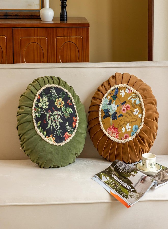 vctops Round Throw Pillow with Zipper Vintage Spring Floral Pillow Cushion Soft Velvet Pleated Throw Pillows for Couch Chair Bed Car (Green,18") - Image 3