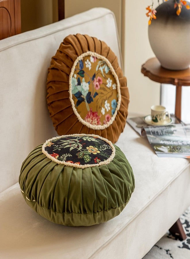 vctops Round Throw Pillow with Zipper Vintage Spring Floral Pillow Cushion Soft Velvet Pleated Throw Pillows for Couch Chair Bed Car (Green,18") - Image 4