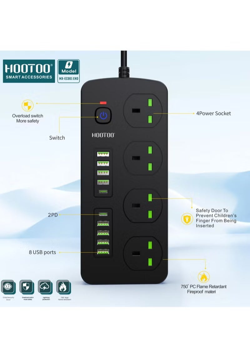 هوتو - توصيلة كهرباء مع شواحن 2 تايب سي مقبس طاقة  4 منافذ ثلاثية، 8 منافذ USB/2 منافذ USB-C PD، بطول 3 أمتار، 3000 وات، مقاومة عالية للحرارة وزر أمان، أسود  توصيله كهربائيه توصيله مقبس كهربائي فيش ثلالثي مقبس تمديد متعدد مقبس ذكي مفبس شاحن توصيله يو اس بي - Image 1