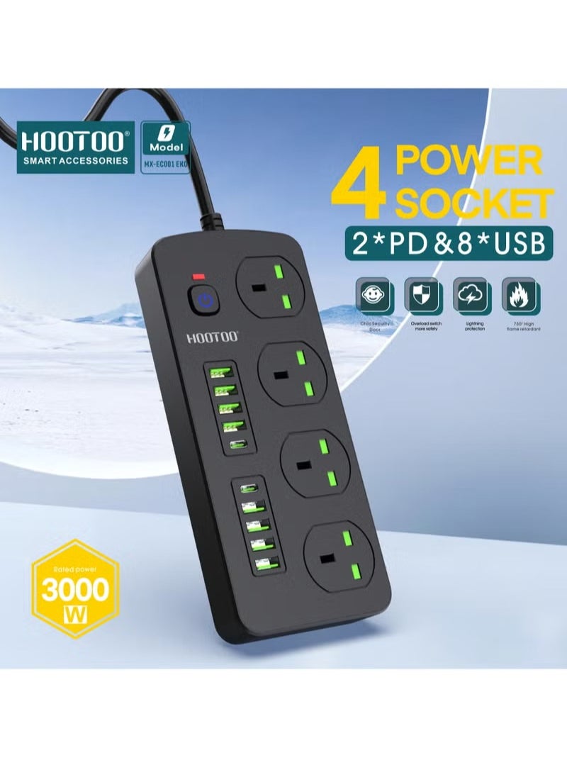 هوتو - توصيلة كهرباء مع شواحن 2 تايب سي مقبس طاقة  4 منافذ ثلاثية، 8 منافذ USB/2 منافذ USB-C PD، بطول 3 أمتار، 3000 وات، مقاومة عالية للحرارة وزر أمان، أسود  توصيله كهربائيه توصيله مقبس كهربائي فيش ثلالثي مقبس تمديد متعدد مقبس ذكي مفبس شاحن توصيله يو اس بي - Image 1