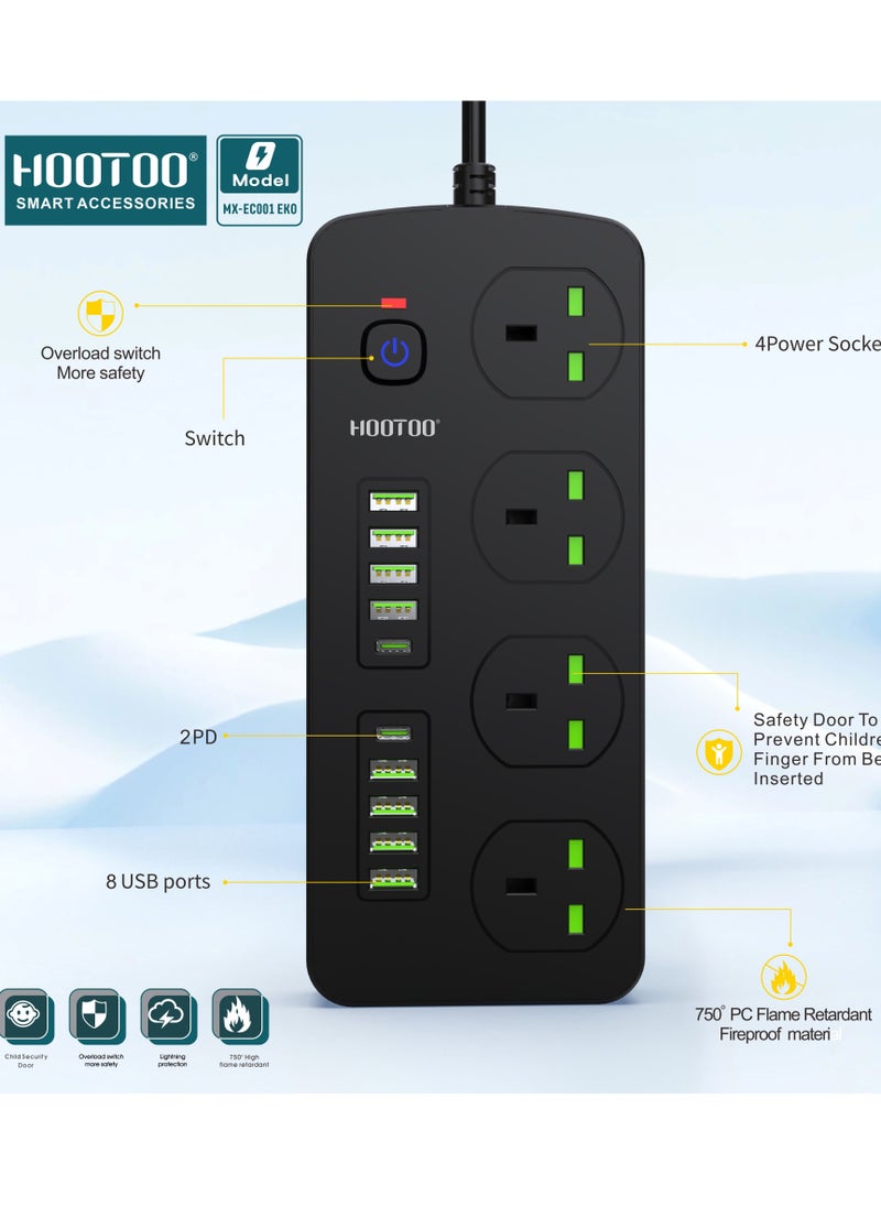 هوتو - توصيلة كهرباء مع شواحن 2 تايب سي مقبس طاقة  4 منافذ ثلاثية، 8 منافذ USB/2 منافذ USB-C PD، بطول 3 أمتار، 3000 وات، مقاومة عالية للحرارة وزر أمان، أسود  توصيله كهربائيه توصيله مقبس كهربائي فيش ثلالثي مقبس تمديد متعدد مقبس ذكي مفبس شاحن توصيله يو اس بي - Image 1
