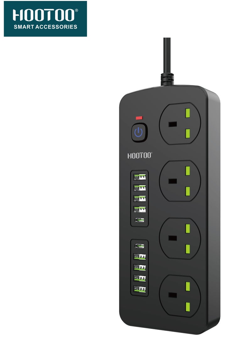 هوتو - توصيلة كهرباء مع شواحن 2 تايب سي مقبس طاقة  4 منافذ ثلاثية، 8 منافذ USB/2 منافذ USB-C PD، بطول 3 أمتار، 3000 وات، مقاومة عالية للحرارة وزر أمان، أسود  توصيله كهربائيه توصيله مقبس كهربائي فيش ثلالثي مقبس تمديد متعدد مقبس ذكي مفبس شاحن توصيله يو اس بي - Image 1
