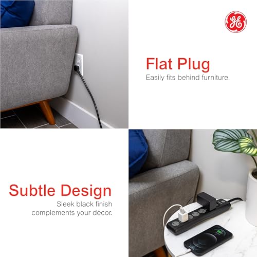 GE Surge Protector Power Strip, 6 Ft Extension Cord, 6 Outlet Extender, 800 Joules, Flat Plug, Twist-to-Close Safety Covers, ETL Listed, Black, 33661 - Image 4