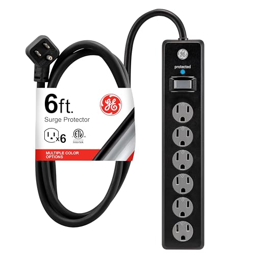 GE Surge Protector Power Strip, 6 Ft Extension Cord, 6 Outlet Extender, 800 Joules, Flat Plug, Twist-to-Close Safety Covers, ETL Listed, Black, 33661 - Image 1