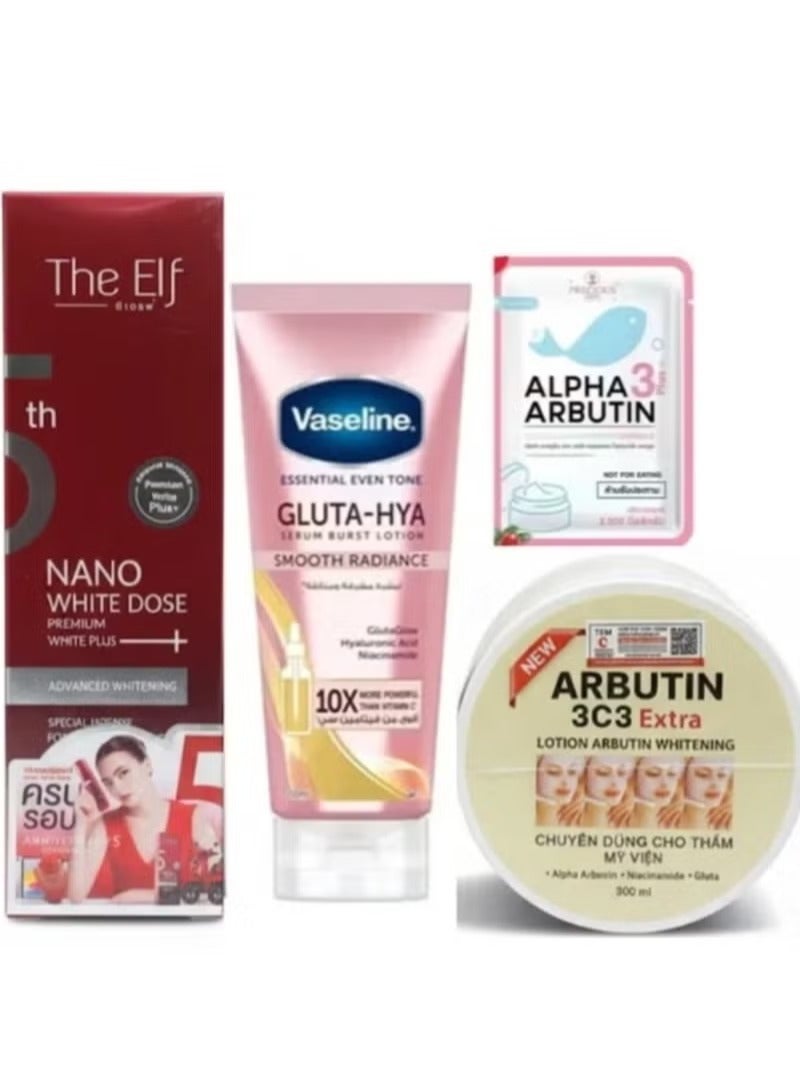 The Elf Whitening Set Nano White Dose Serum ,GLUTA-HYA Smooth Radiance & Alpha Arbutin and Arbutin 3c3 Extra Lotion Arbutin Whitening 300ml