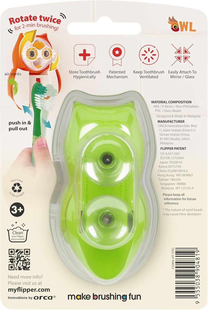 Flipper Kids Toothbrush Holder with Suction Cups, High Quality & Patented Design, One Touch Open & Close, with 1-minute Timer, For Home or Travel, Made in Malaysia - Green, 3Y+ - Image 5