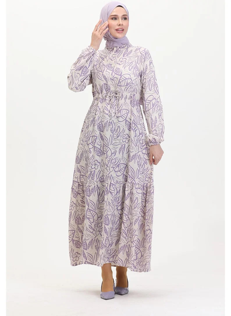 Sefa Merve Front Buttoned Laced Linen Dress 0520B-05 Beige Lilac