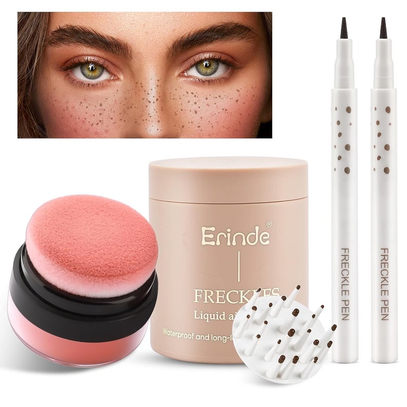 Erinde Natural Freckle Blush Makeup Kit  Liquid Freckle Pen  Fake Freckles Stamp Air Cushion  Powder Cushion Blush Long Lasting Waterproof Freckles Tattoo Marker for Natural Sunkissed Makeup