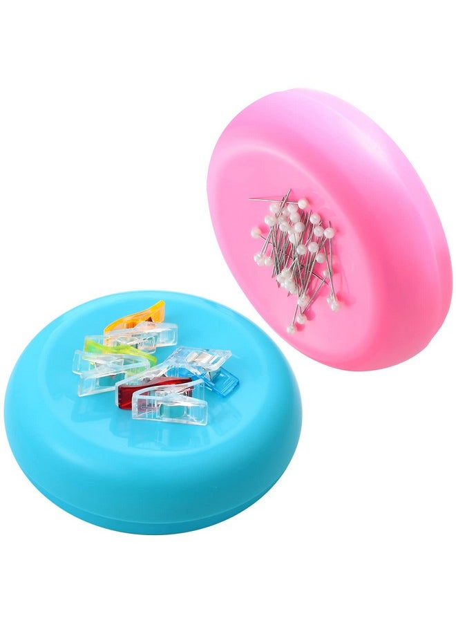 Waydress - 2 Pieces Magnetic Pin Holder Sewing Pincushion Round Paper Clip Holder Magnetic Cushion Sewing Pin Holder Push Pin Hairclip Storage Case Needle Cushion For Sewing Diy Project(Blue, Pink) - Image 1
