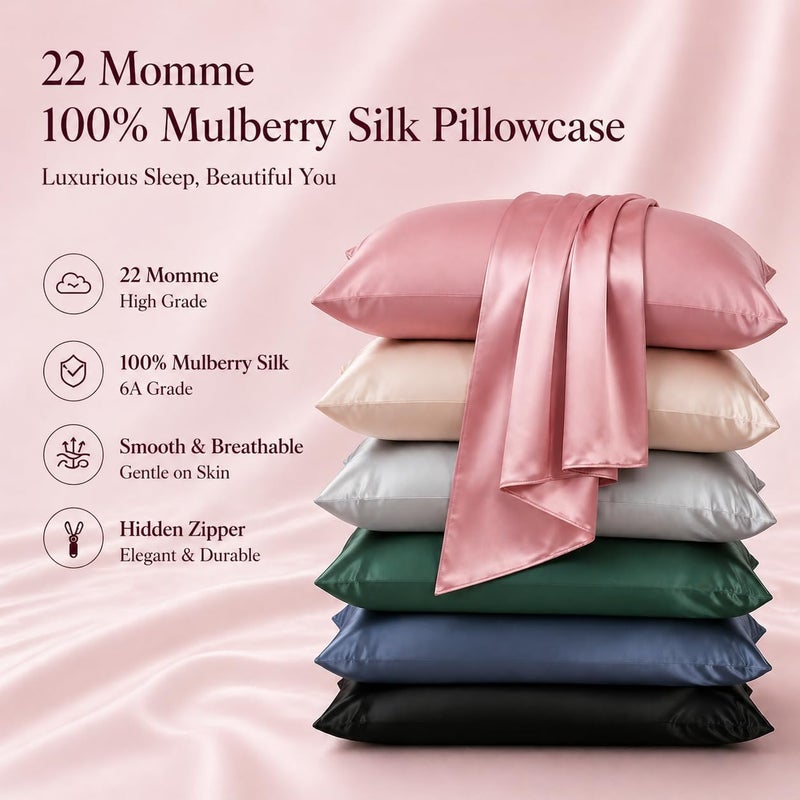 ROSEWARD 100% Mulberry Silk Pillowcase with Zipper Made in USA, Real 22 Momme Silk Pillow Cases Queen for Hair and Skin, NOT Satin Pillowcase, Anti Acne, Anti Aging, 1 Pc 20"x30" (Queen, Dusty Rose) - Image 2