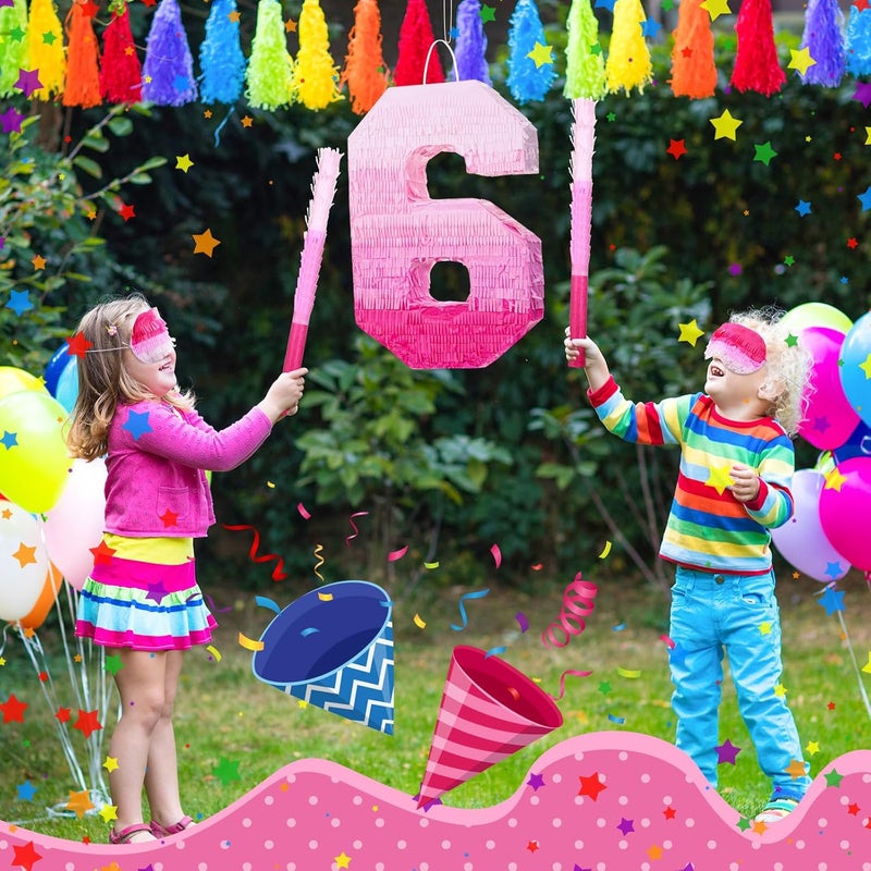 Sratte Number Piata Pink Piata Birthday Decorations Gradient with Stick Blindfold Confetti for Girls Boys Birthday Anniversary Party Decorations SuppliesNumber 6 - Image 5